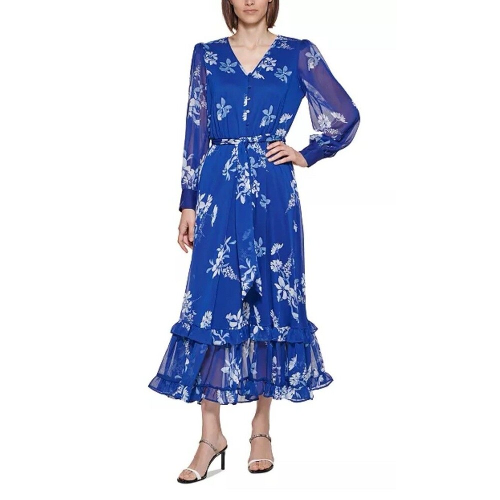 NWOT Calvin Klein 2P Floral Print V-Neck Chiffon Blue‎ Maxi Dress Beach Vacation